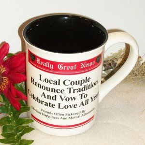 REALLY GREAT NEWS Ceramic Coffee Mug NWOT Local Couple Celebrates Love